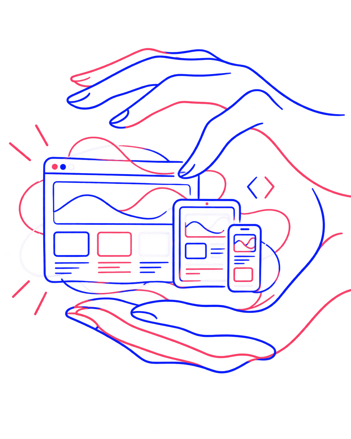 Illustrated hands framing a colourful scribble